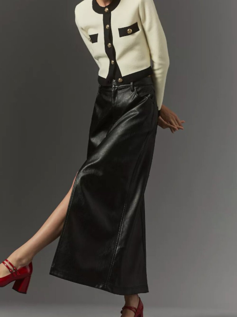 Anthropologie Madi Faux Leather Front-Slit Denim Skirt by Pilcro